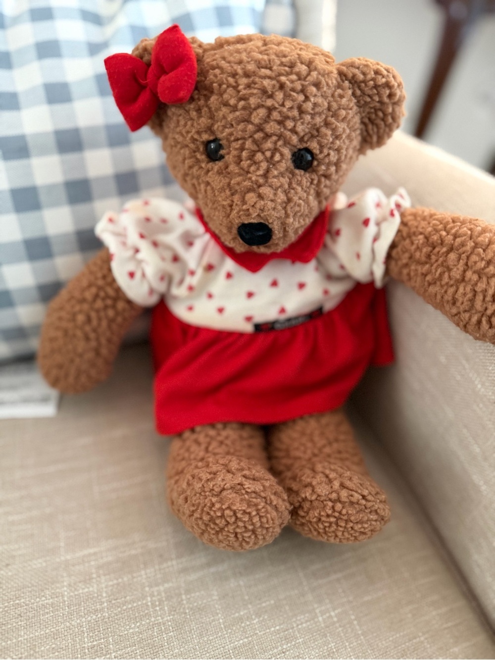 GUND  Brown Teddy Bear with Red Dress and Bow. Rare vintage 1986 GUND Gear Bear